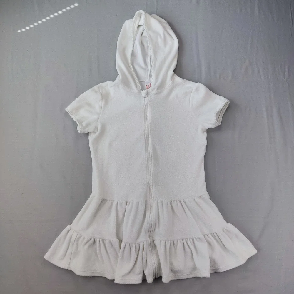 Cat & Jack Swim Cover Up Girls L 10/12 White Terry Cloth Hooded Zip Ruffle Dress